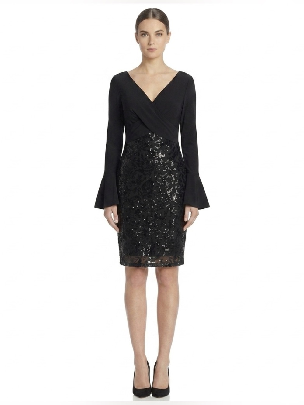 LAUREN Ralph Lauren Sequin-Skirt Cocktail Dress, Bell Sleeve — Sz 0